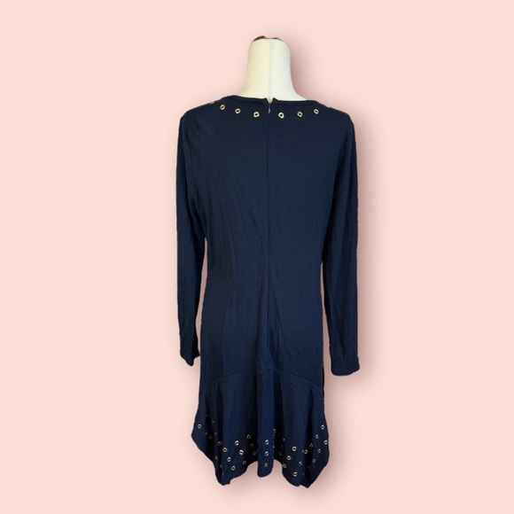 Michael Kors Navy Blue Modal swing dress long sleeve gold detail sz Large - Picture 7 of 8
